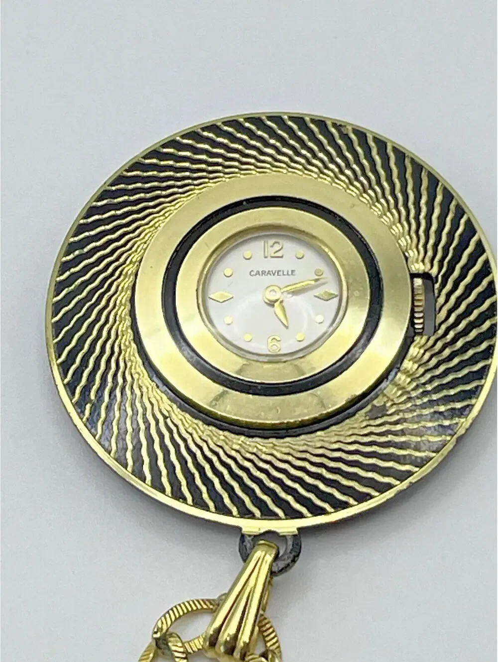 Vintage Caravelle 7 Jewel Skeleton Ball Pendant Black + Gold Watch NOT WORKING